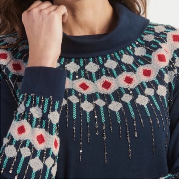 Soft Surroundings Dahlia Fair Isle Sweatshirt Blue Embroidered Beaded Sz M - Picture 2 of 10